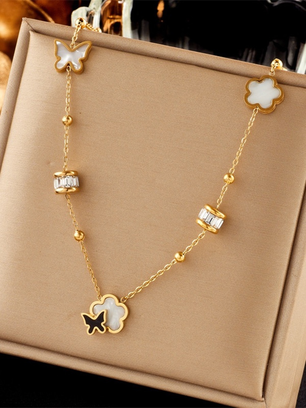 Gold and White Butterfly Clover Pendant Necklace - Women's Fashion Jewelry